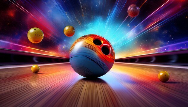 exciting bowling event with vibrant graphics and colorful bowling ball in an electrifying cosmic backdrop