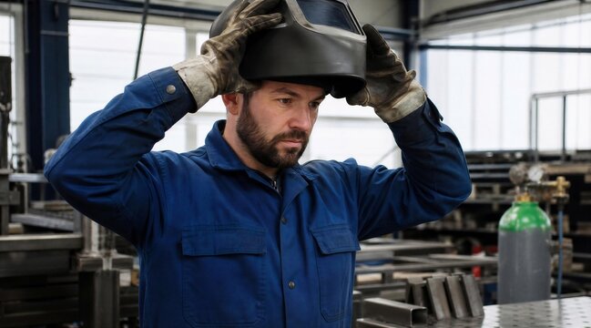 Welder puts on protective helmet