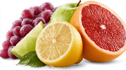 Fototapeta premium Fresh and Colorful Assortment of Fruits Including Grapes, Apples, Citrus, and Lemons Ideal for Health, Nutrition, and Culinary Themes in Stock Photography