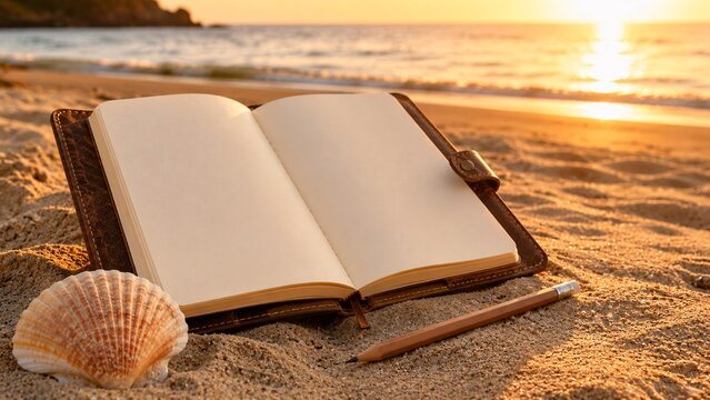 Open blank journal notebook resting on a sandy beach at a beautiful golden sunset
