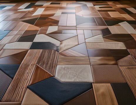 an ultra hd image showcasing a futuristic floor design with modular carpet tiles in bold geometric shapes and muted earthy tones arranged to create a dynamic and sophisticated effect