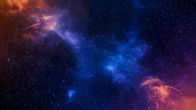 Cosmic nebula with glowing interstellar dust and bright stars in deep space. Dark galaxy background showing gaseous clouds and celestial phenomenon, science.