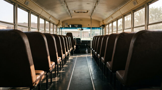 Empty interior view of a classic yellow school bus with rows of brown leather seats
