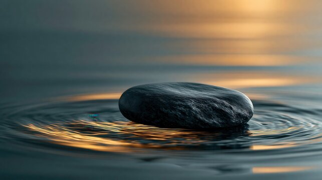 Dark polished zen stone on calm rippled water background with golden light streak, peaceful spa meditation template for banner.