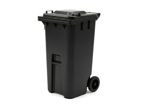 Black plastic garbage bin with wheels isolated on white background