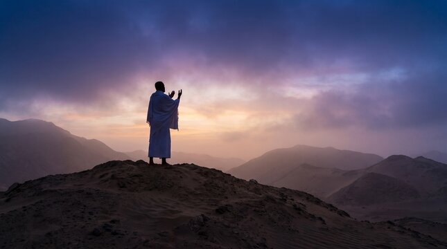 Muslim Pilgrim Praying on Mountain Peak at Sunset