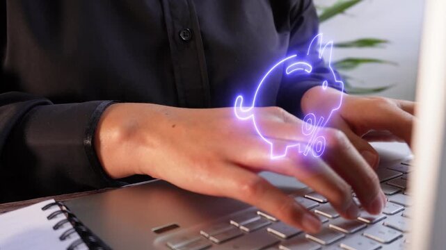 Savings with interest. Close-up of a professional woman's hands using a computer with a virtual piggy bank icon and a percentage sign.