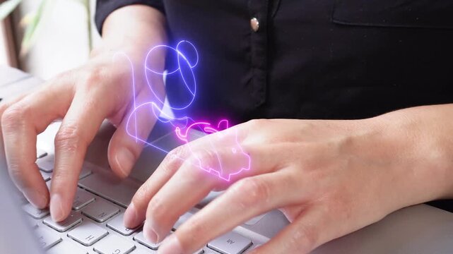 Economic forecast. Detail of female hands typing on a laptop with a virtual icon of an elderly woman holding a piggy bank.