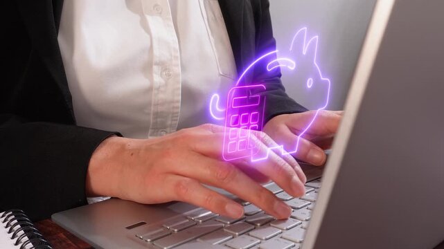 Family budget and savings. Close-up view of an executive typing on her laptop with a virtual calculator icon and a piggy bank.