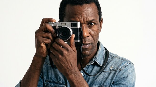Man holding a camera and looking through the viewfinder