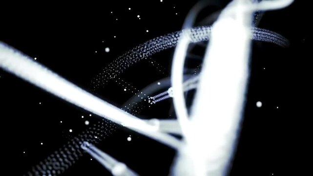 Glowing white DNA double helix structure with floating particles on black background