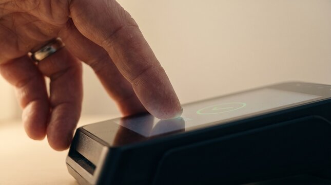 Finger touching a smartphone screen with a green checkmark icon indicating success