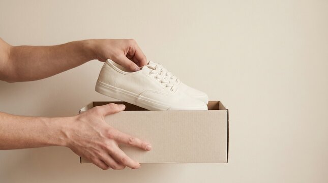 Hands placing a white canvas sneaker into a cardboard box