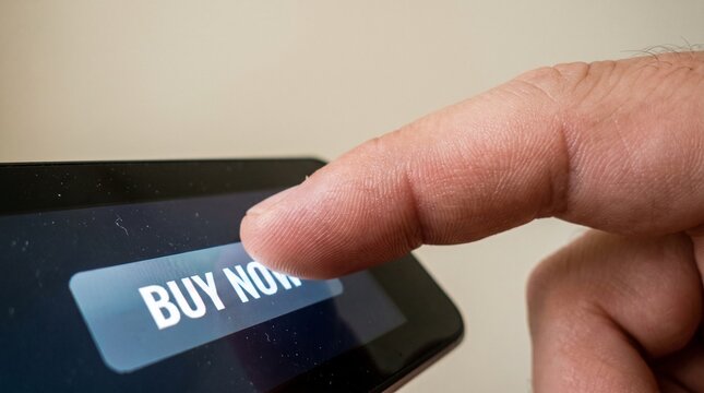 Finger pressing a buy now button on a digital screen