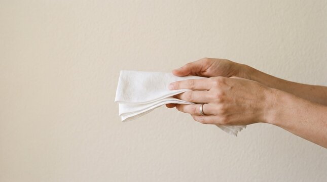Person holding a folded white cloth or paper towel against a neutral background