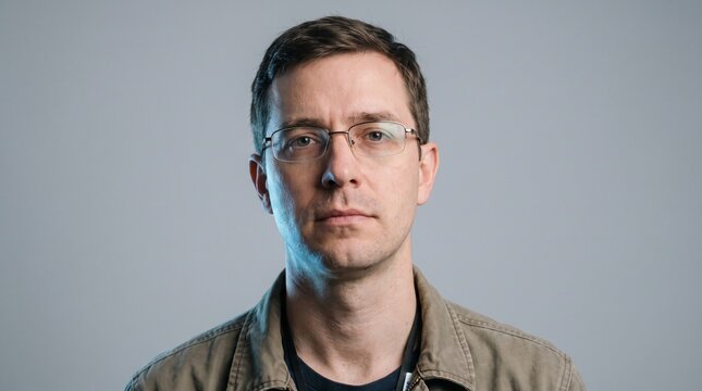 Serious Man Wearing Glasses and Casual Jacket Against a Gray Background