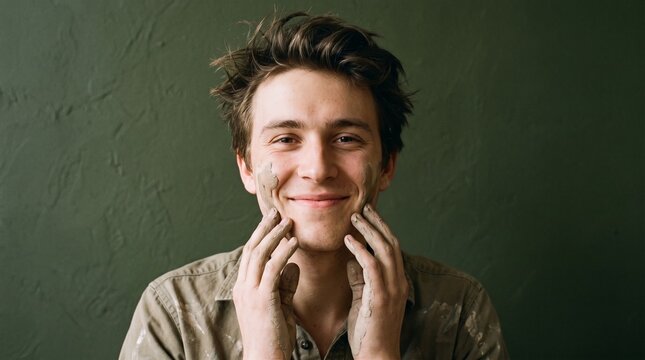 Young Man Smiling With Clay On His Face And Hands
