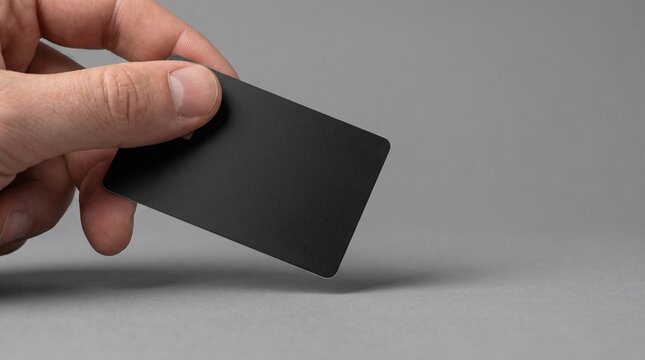 Hand holding a blank black business card against a gray background