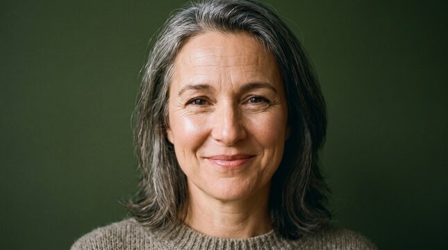 Portrait of a smiling middle aged woman with graying hair and a warm expression