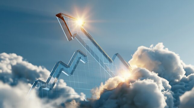 Glowing glass arrow line chart rising steeply and breaking upward past the top, business growth and financial success concept