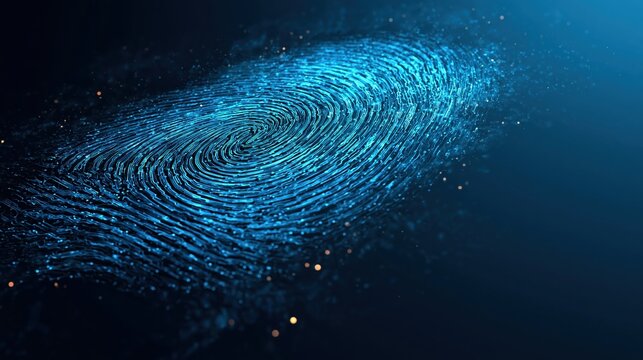 Large glowing fingerprint formed from fine cyan circuit traces, biometric identity verification and cybersecurity concept