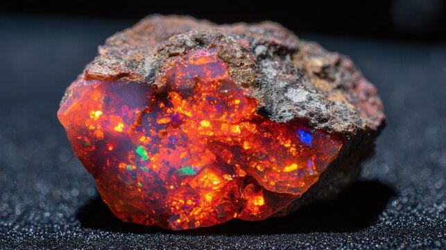 A spectacular raw fire opal specimen showcasing its vibrant orange, red, and green play of color within a host rock.