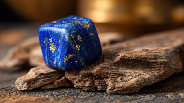 Deep blue lapis lazuli gemstone with golden pyrite inclusions resting on rustic wood texture