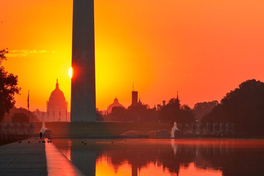 Washington D.C. skyline with silhouettes of monuments during sunrise - Washington D.C. United States of America

