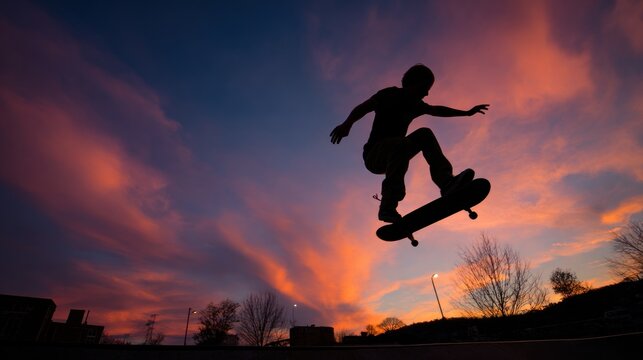 Skateboarder jumping against colorful sunset sky