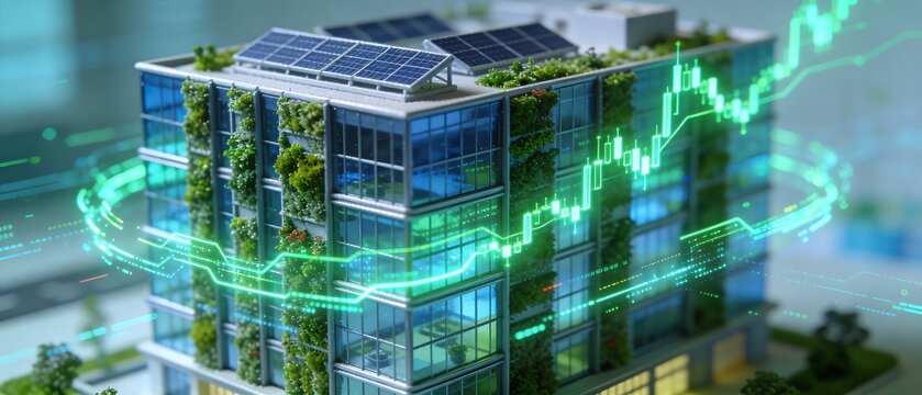 Sustainable green building model with rising holographic financial growth chart for ESG investment concept