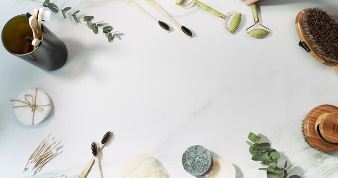 Sustainable zero waste beauty products frame on white marble