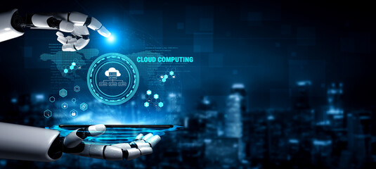 Obraz premium AI on a global cloud computing platform providing services for software development. A worldwide network for AI data storage and application hosting. Motif