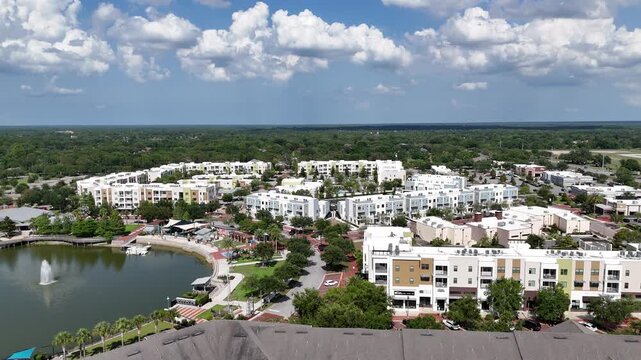 Apartments and homes around Center Lake Park at downtown Oviedo in Seminole County, Florida.