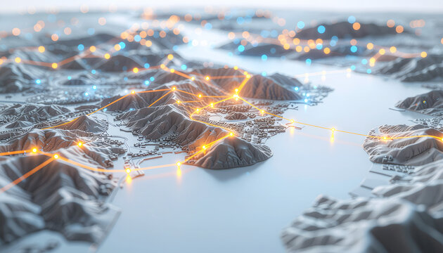 Abstract topographical map with glowing data networks. Digital landscape showing connectivity.