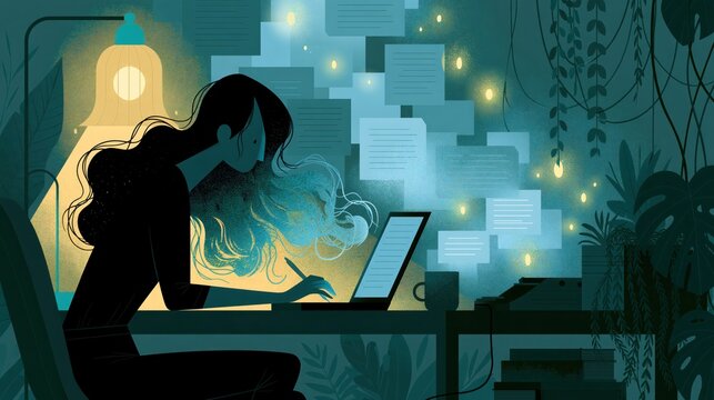 Faceless writer at a laptop while soft glowing paragraph blocks drift from the screen, creative writing and storytelling concept