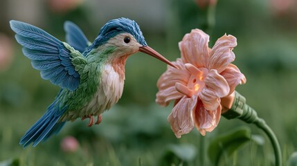 Fototapeta premium Glossy clay-style render of a tiny hummingbird hovering at a glowing flower socket, playful clean energy and nature concept