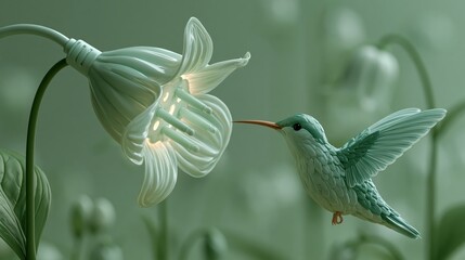 Fototapeta premium Glossy clay-style render of a tiny hummingbird hovering at a glowing flower socket, playful clean energy and nature concept