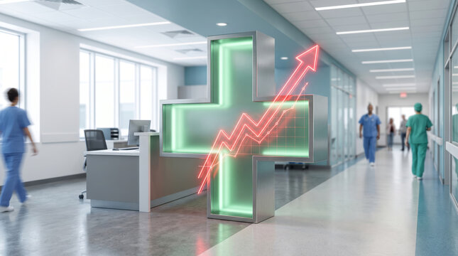 Medical cross with rising financial graph in hospital corridor