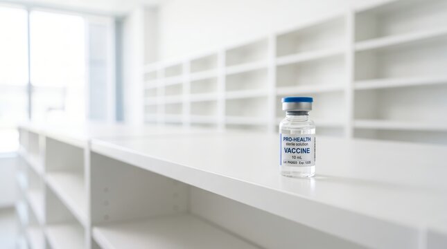 Medical vaccine vial sitting on empty white pharmacy shelf