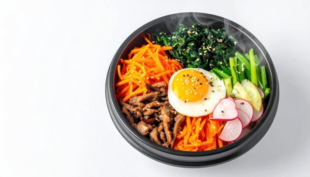Hot steaming Korean Bibimbap dish with colorful fresh vegetables marinated beef and a fried egg in a traditional black stone bowl on a white background.