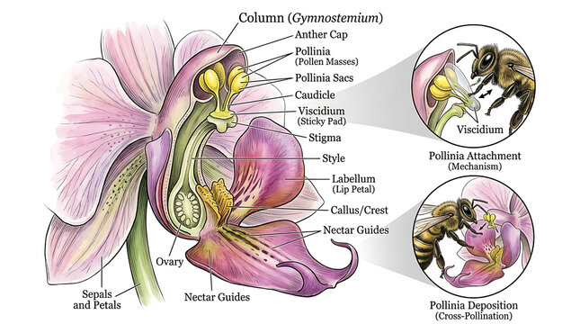 Botanical illustration showing orchid flower anatomy and the detailed process of cross-pollination by a bee