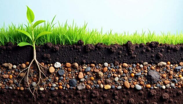 Cross-section of soil layers, showing roots, grass, humus, and stones ,  diagram,  environment,  bedrock
