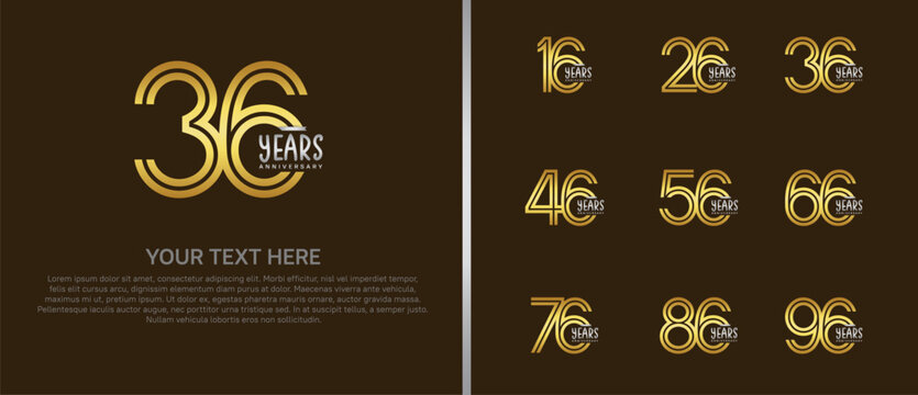 anniversary logo set with silver ribbon. golden number on brown background for celebration moment