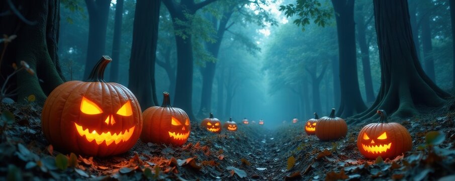 Gnarled pumpkins, eerie shadows, haunted forest, spooky background, pumpkins in the dark, autumn