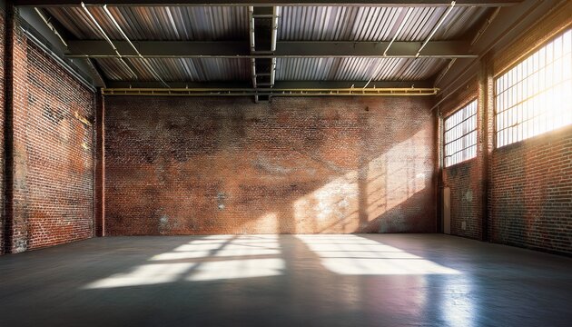 empty industrial warehouse interior with weathered brick wall and sunlight