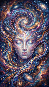 Ethereal cosmic consciousness: surreal galaxy-inspired portrait blending universe and inner mind energy