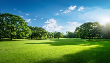 Fototapeta premium lush green park on a sunny day with blue sky and trees