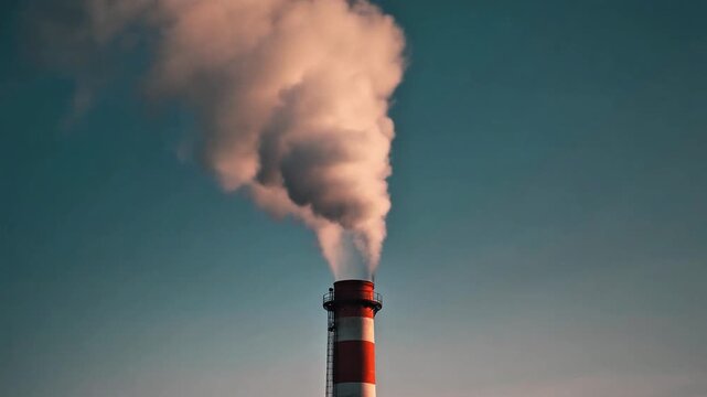 Industrial chimney stack emitting thick white smoke against clear blue sky