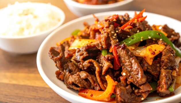 Delicious Korean spicy stir-fried beef with vibrant peppers onions and sesame seeds served alongside a bowl of steamed white rice on a rustic wooden table.