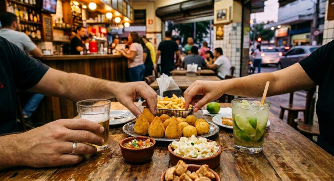 Amigos aproveitando happy hour em boteco tradicional brasileiro com petiscos, coxinhas, batata frita, cerveja e caipirinha